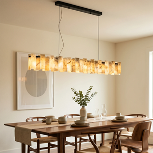 Tobacco-Hued Alabaster Chandelier - Elegant Dining Room Long Rectangular Wooden Table | HoaiLamp