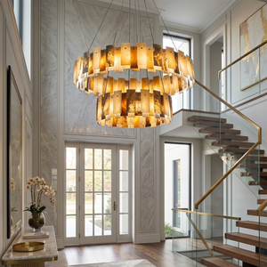 Tobacco-Hued Alabaster Chandelier - Double-Height Grand Staircase Foyer Luxury Lighting | HoaiLamp