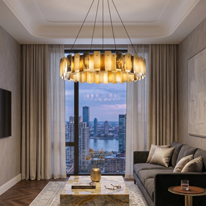 Tobacco-Hued Alabaster Chandelier - Luxury Penthouse Living Room City Skyline Sunset | HoaiLamp