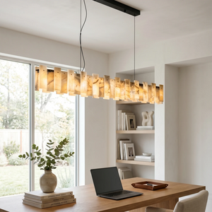 Tobacco-Hued Alabaster Chandelier - Modern Home Office Study Wooden Desk Lighting | HoaiLamp