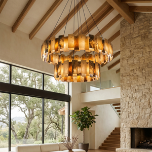 Tobacco-Hued Alabaster Chandelier - Rustic High-Ceiling Living Room Multi-Tier Pendant | HoaiLamp
