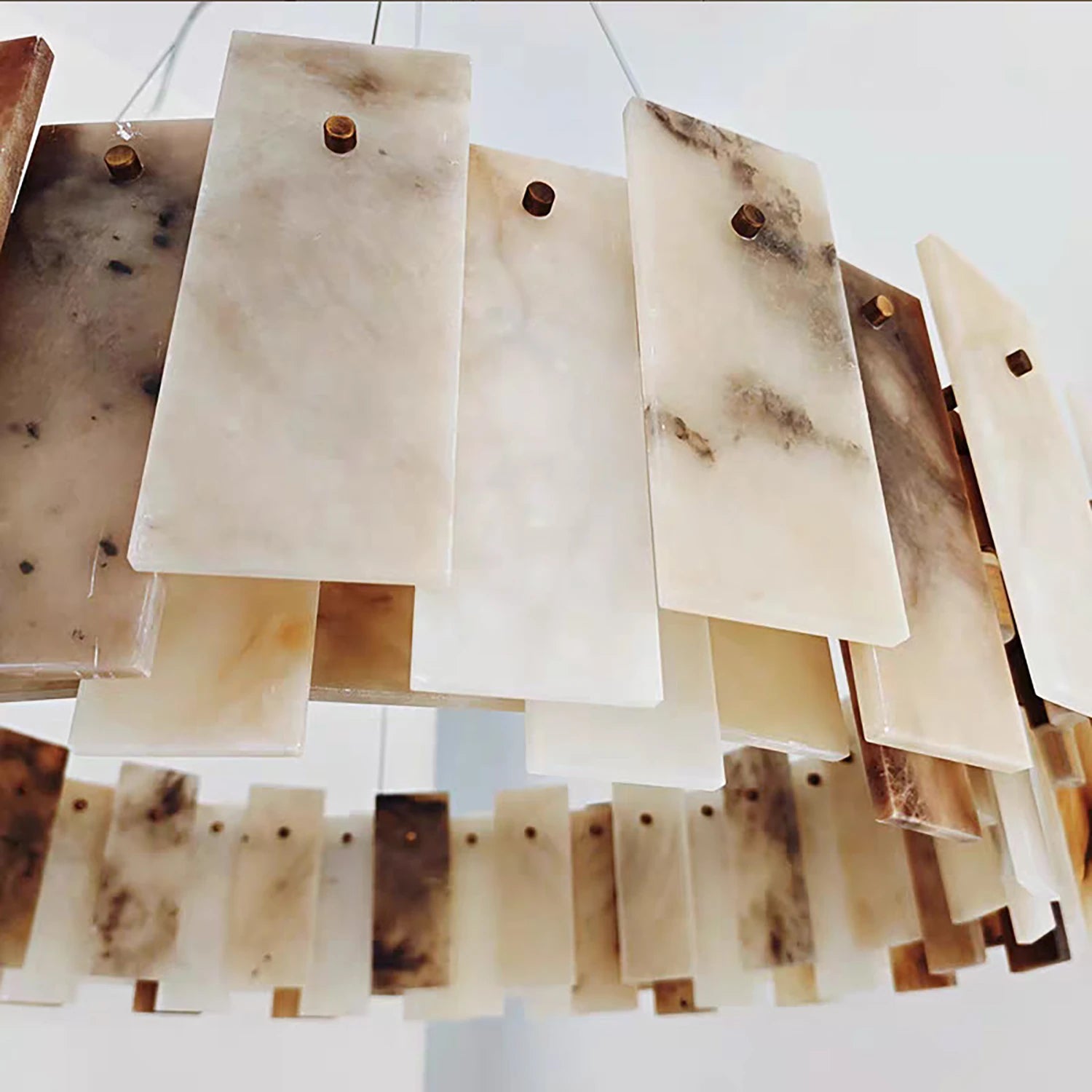 Tobacco-Hued Alabaster Chandelier - Angled Close-Up Linear Variant Stone Plates Detail | HoaiLamp