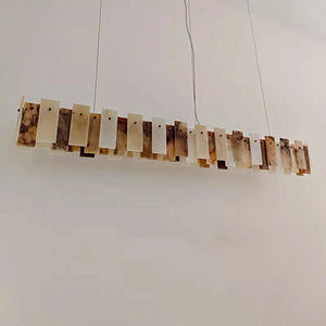 Tobacco-Hued Alabaster Chandelier - Linear Rectangular Variant Unlit Real Hanging Shot | HoaiLamp