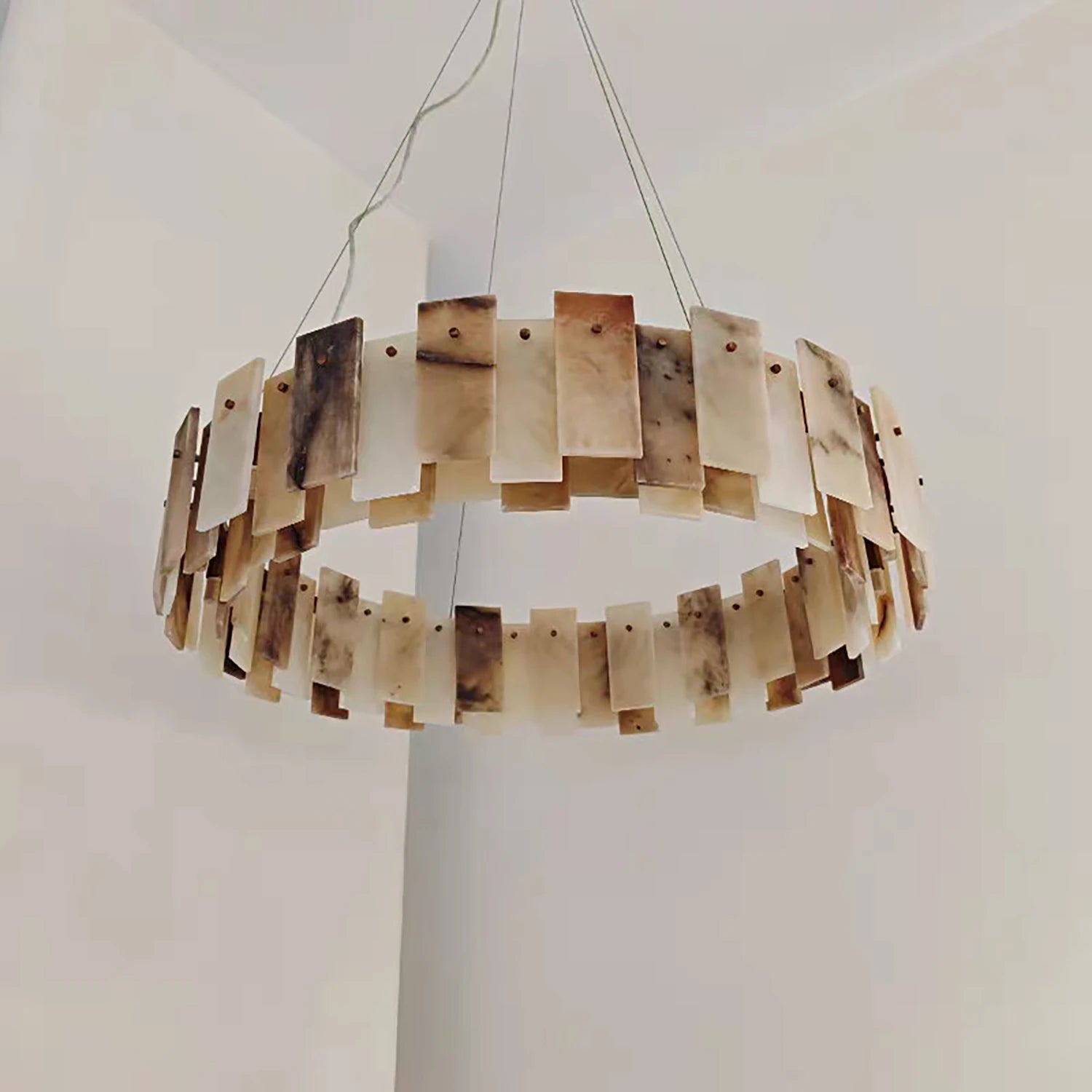 Tobacco-Hued Alabaster Chandelier - Single-Tier Round Variant Unlit Real Hanging Shot | HoaiLamp