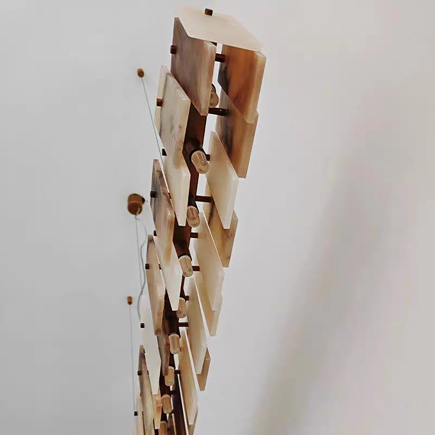 Tobacco-Hued Alabaster Chandelier - Side Profile Thickness Layered Stone Panels Detail | HoaiLamp