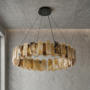 Tobacco-Hued Alabaster Chandelier - Single-Tier Round Unlit Studio Profile Decor | HoaiLamp