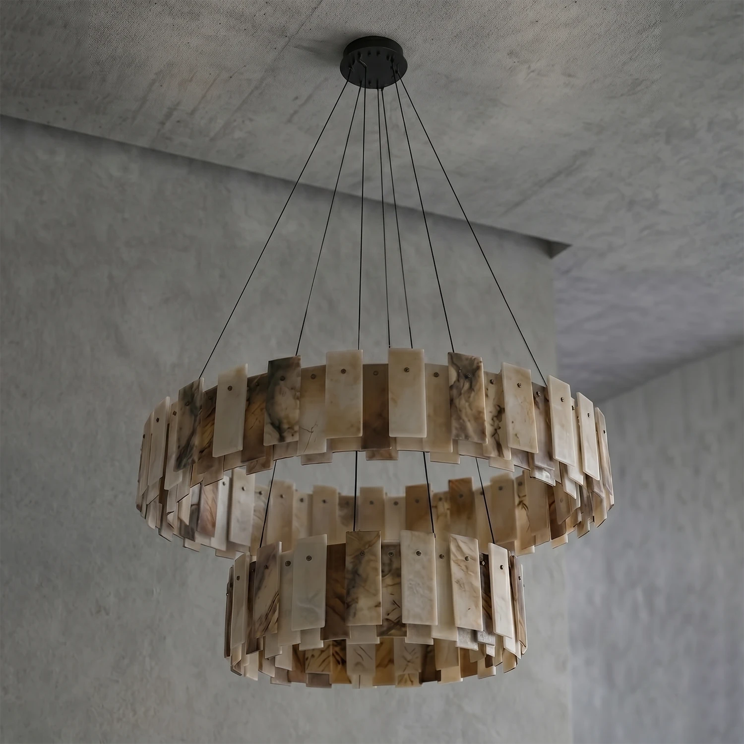 Tobacco-Hued Alabaster Chandelier - Studio Two-Tier Round Unlit Stone Variant Profile | HoaiLamp
