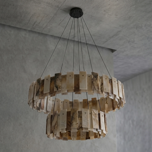 Tobacco-Hued Alabaster Chandelier - Studio Two-Tier Round Unlit Stone Variant Profile | HoaiLamp