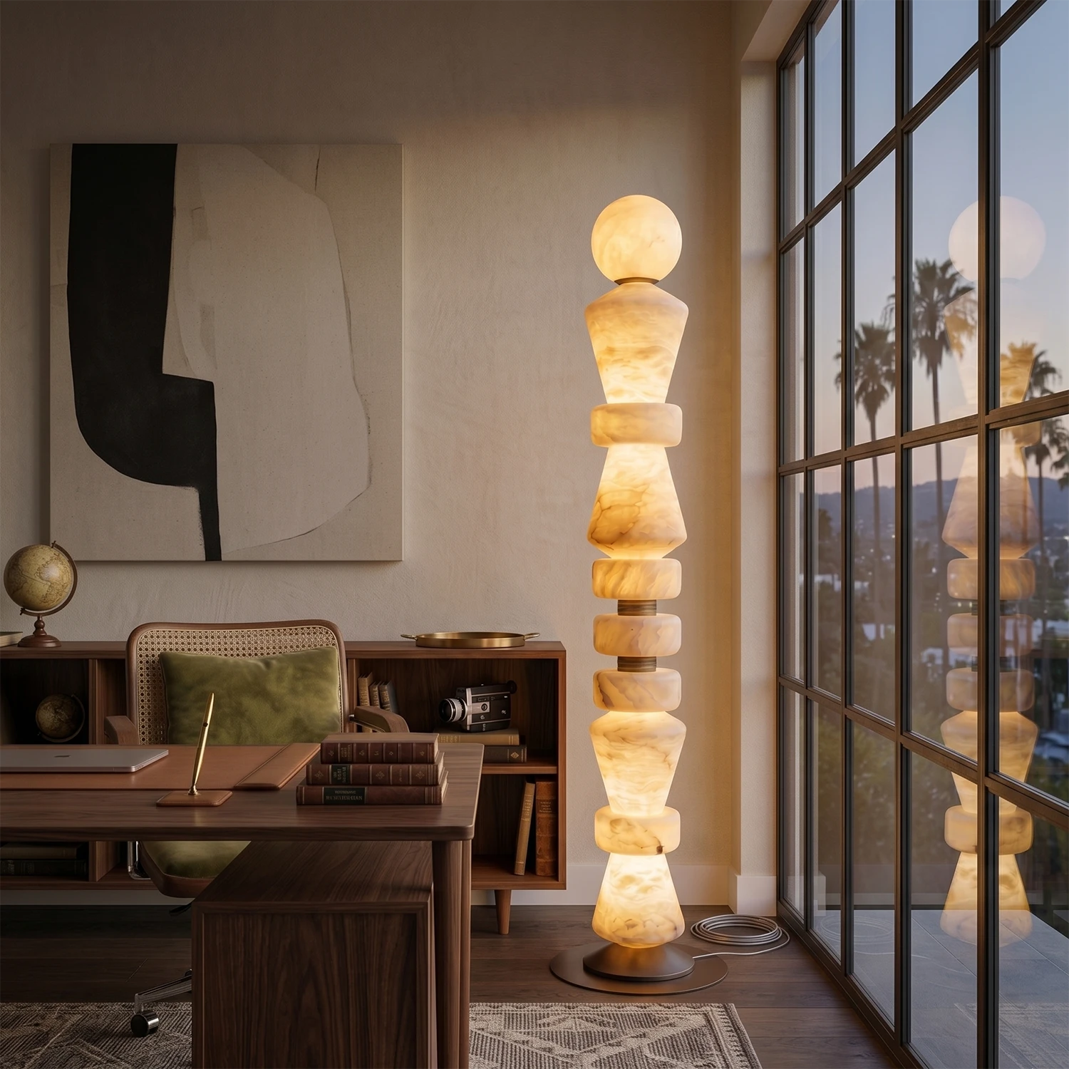 Totem Stacked Alabaster Floor Lamp - Luxury Home Office Executive Walnut Desk | HoaiLamp