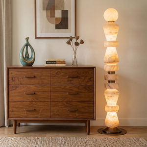 Totem Stacked Alabaster Floor Lamp - Mid Century Modern Walnut Credenza | HoaiLamp