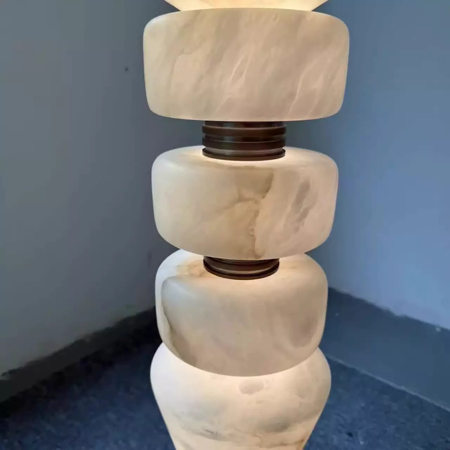 Totem Stacked Alabaster Floor Lamp - Segmented Brass Ring Geometric Stack | HoaiLamp