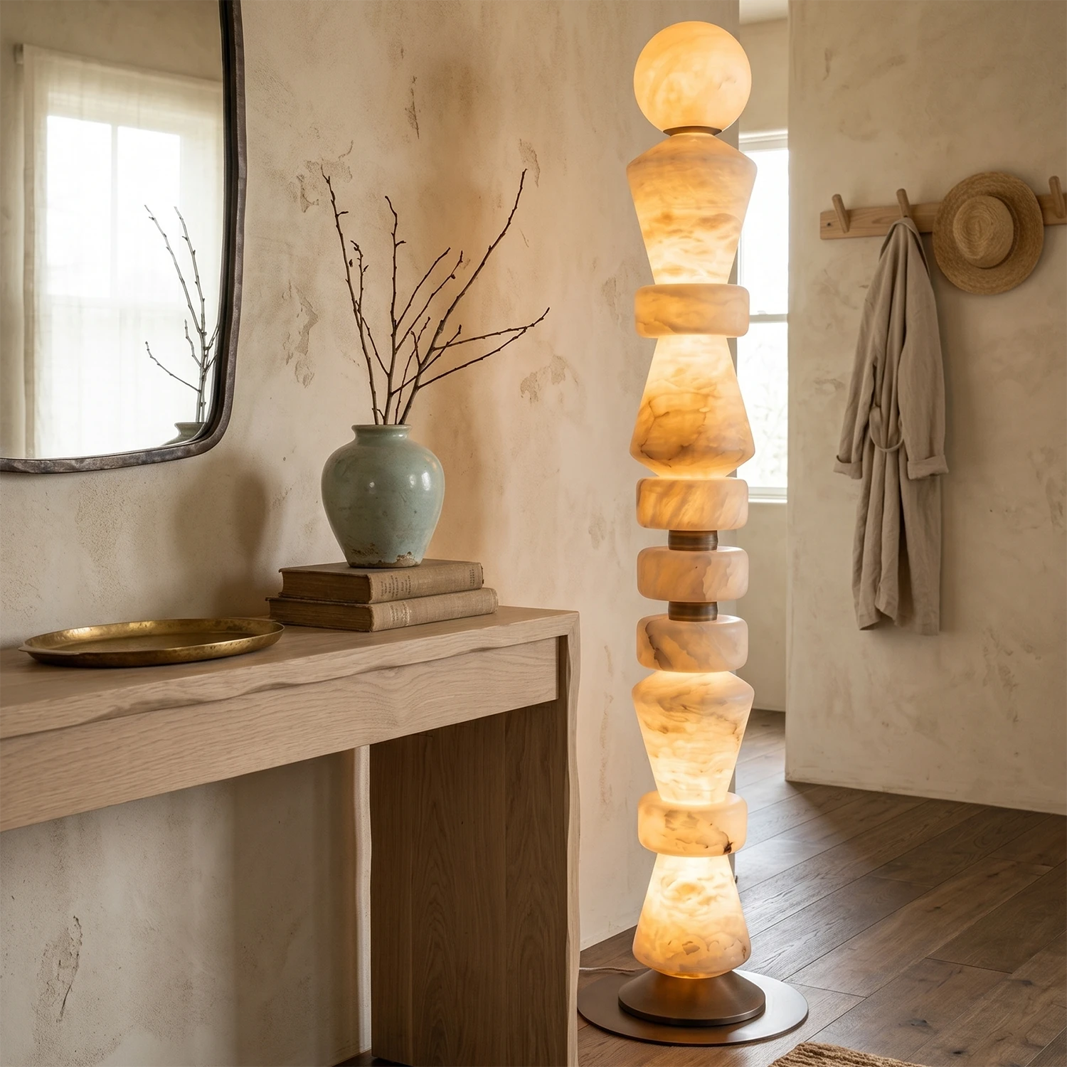 Totem Stacked Alabaster Floor Lamp - Wabi Sabi Entryway Wooden Console Table | HoaiLamp