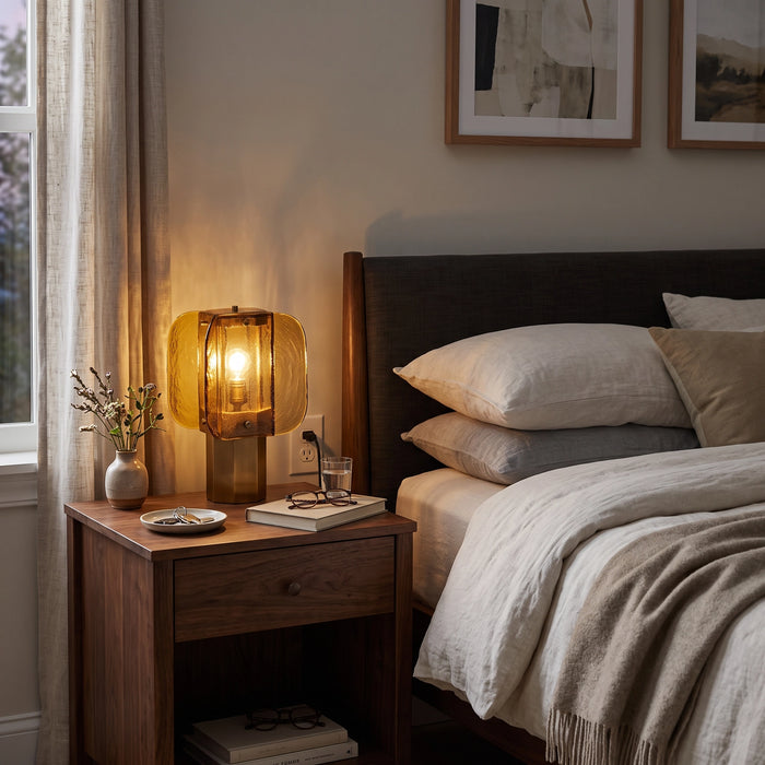 The Tramonto lamp lit on a bedside nightstand.