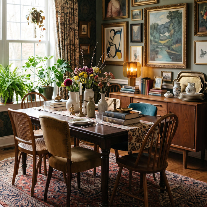 The Tramonto lamp lit on a sideboard in a country-style dining room.