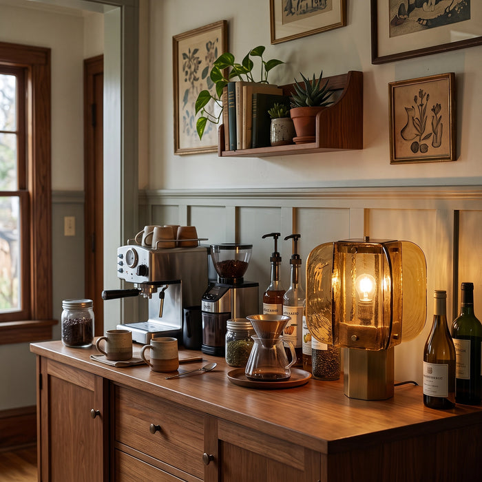The Tramonto lamp lit on a wooden coffee bar cabinet.