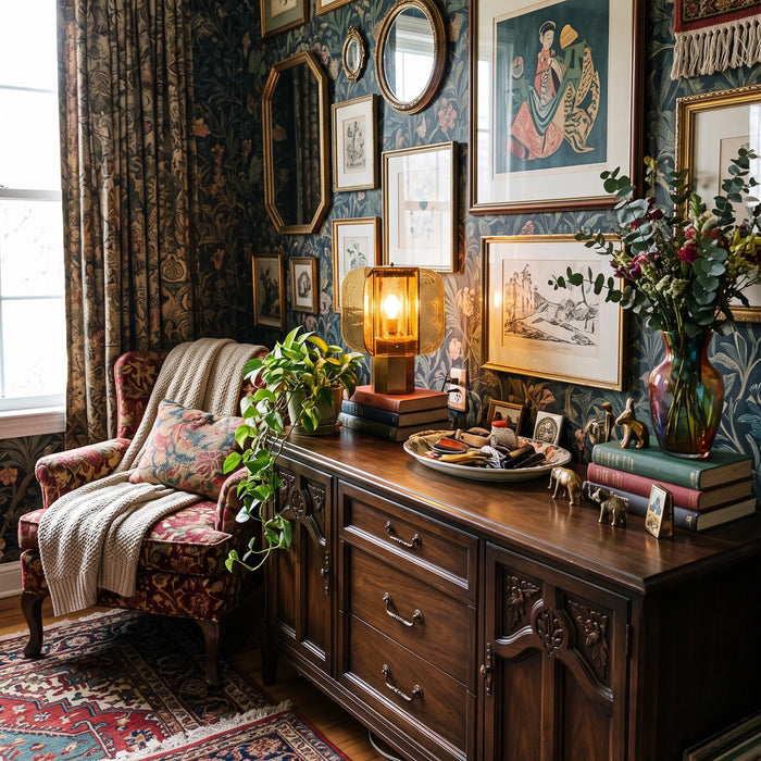 The Tramonto lamp lit on a carved cabinet beneath a gallery wall.