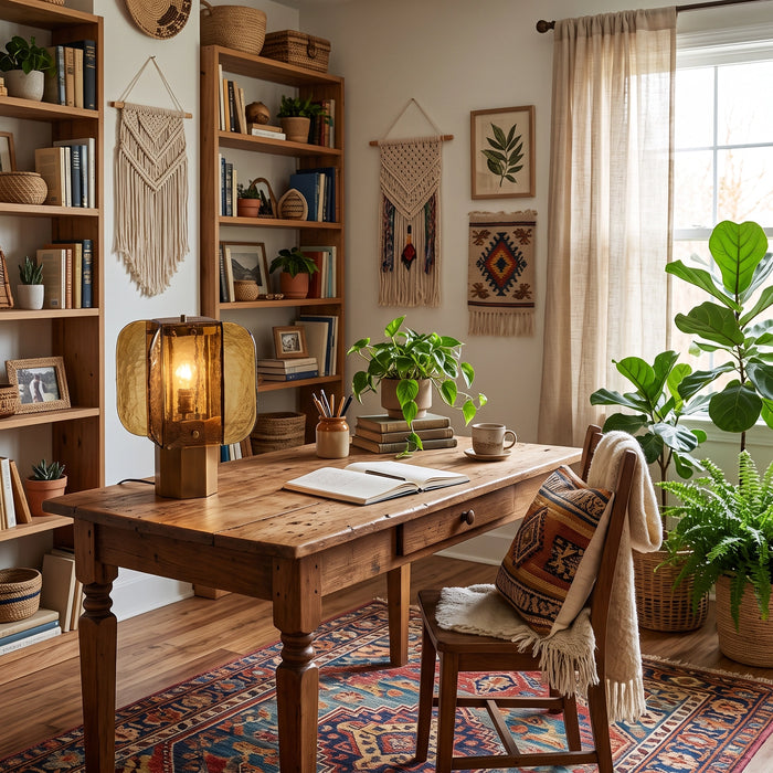 The Tramonto lamp lit on a wooden study desk by a window.