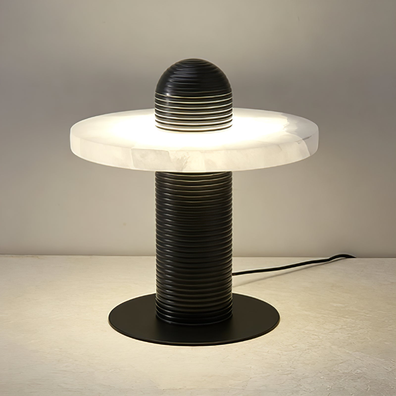 Geometric Layered Table Lamp - Matte Black Single Disk Standalone Slate Backdrop | HoaiLamp