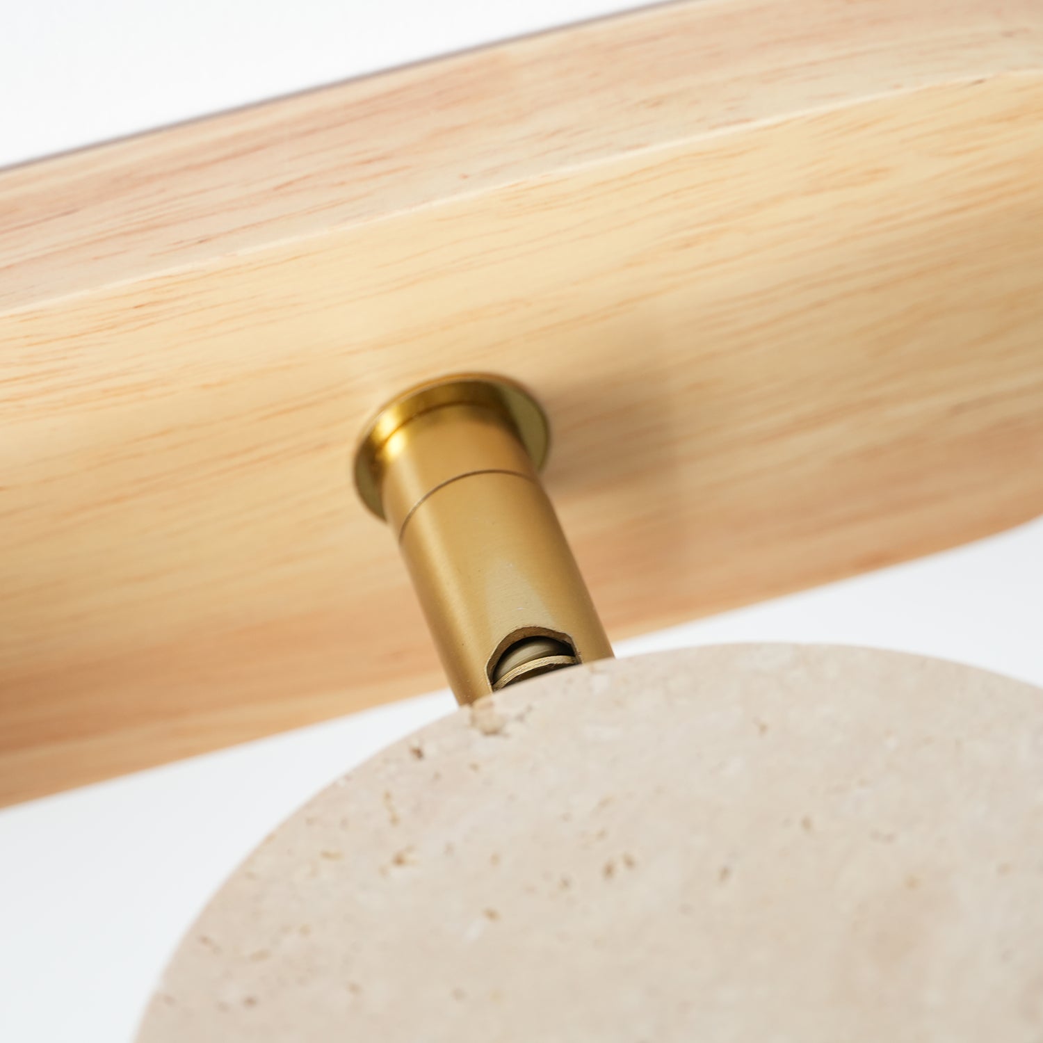 Travertine Duo Wood Wall Light - Solid Wood Plate Center Brass Cap Hardware Detail | HoaiLamp