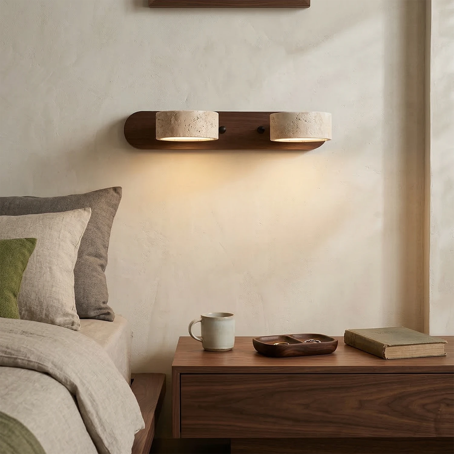 Travertine Duo Wood Wall Light - Dark Walnut 2 Light Vintage Bedroom Sconce Ambience | HoaiLamp