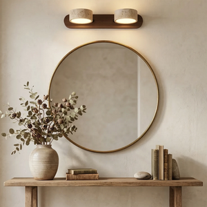 Travertine Duo Wood Wall Light - Dark Walnut 2 Light Nordic Hallway Round Mirror Corridor | HoaiLamp