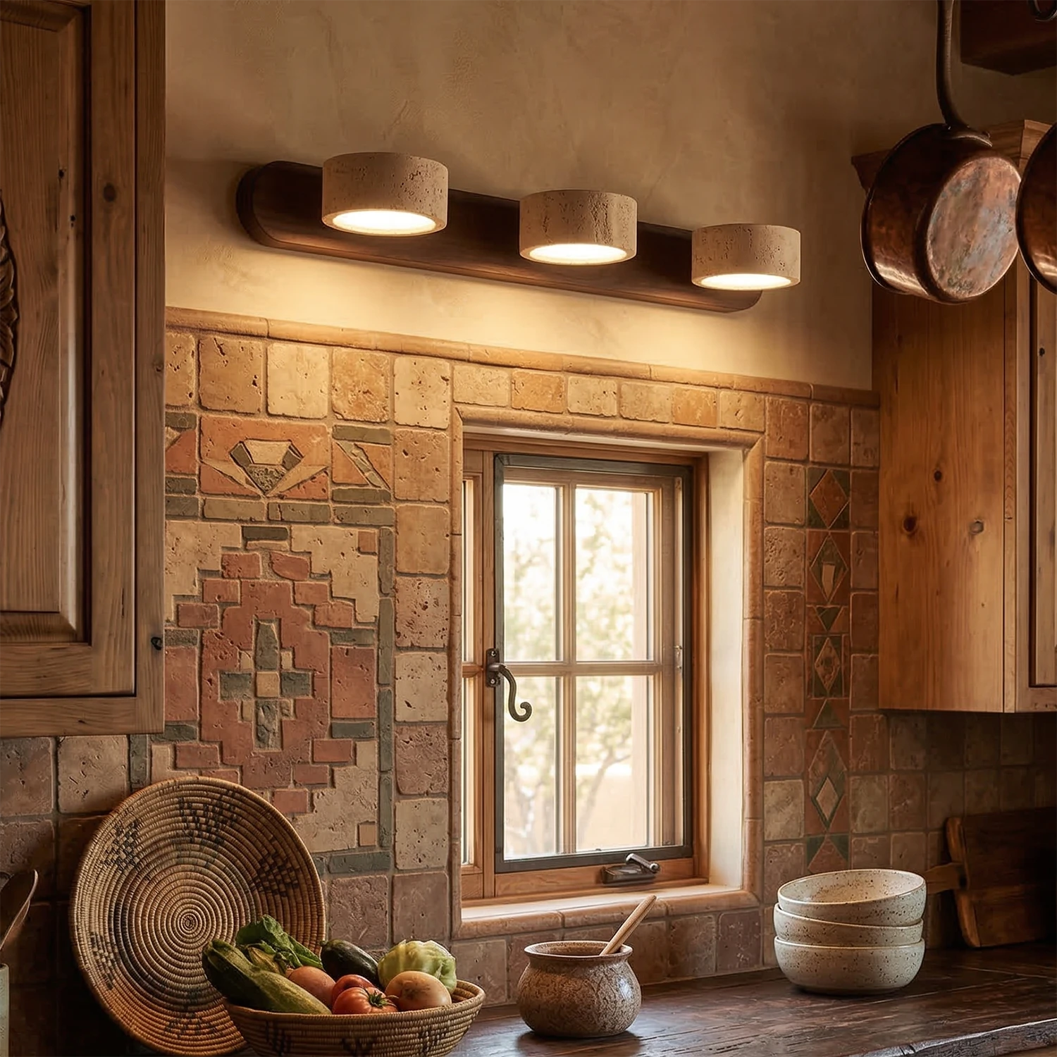 Travertine Duo Wood Wall Light - Dark Walnut 3 Light Traditional Country Kitchen Counter | HoaiLamp