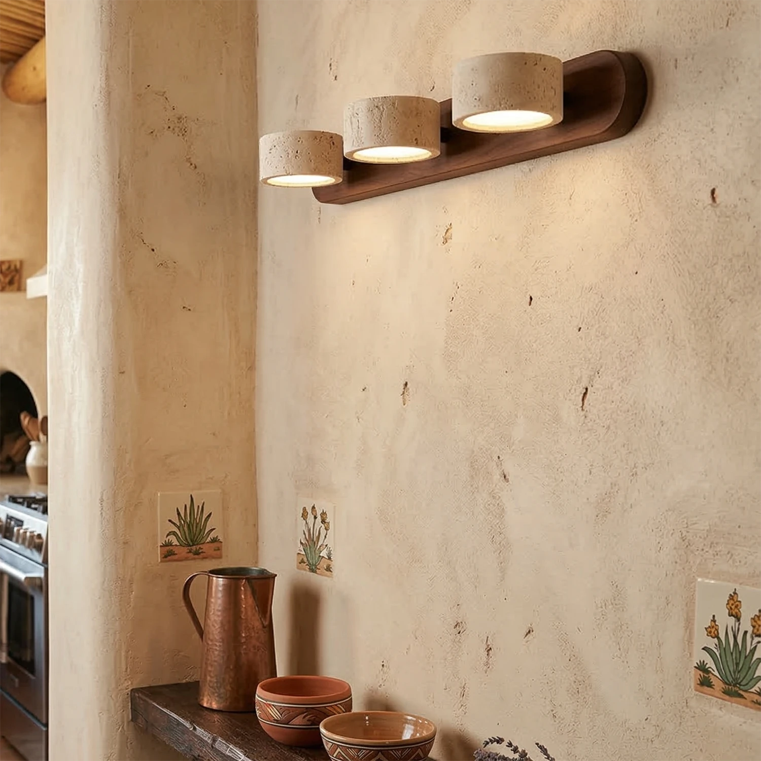 Travertine Duo Wood Wall Light - Dark Walnut 3 Light Aesthetic Walkway Plaster Gallery | HoaiLamp