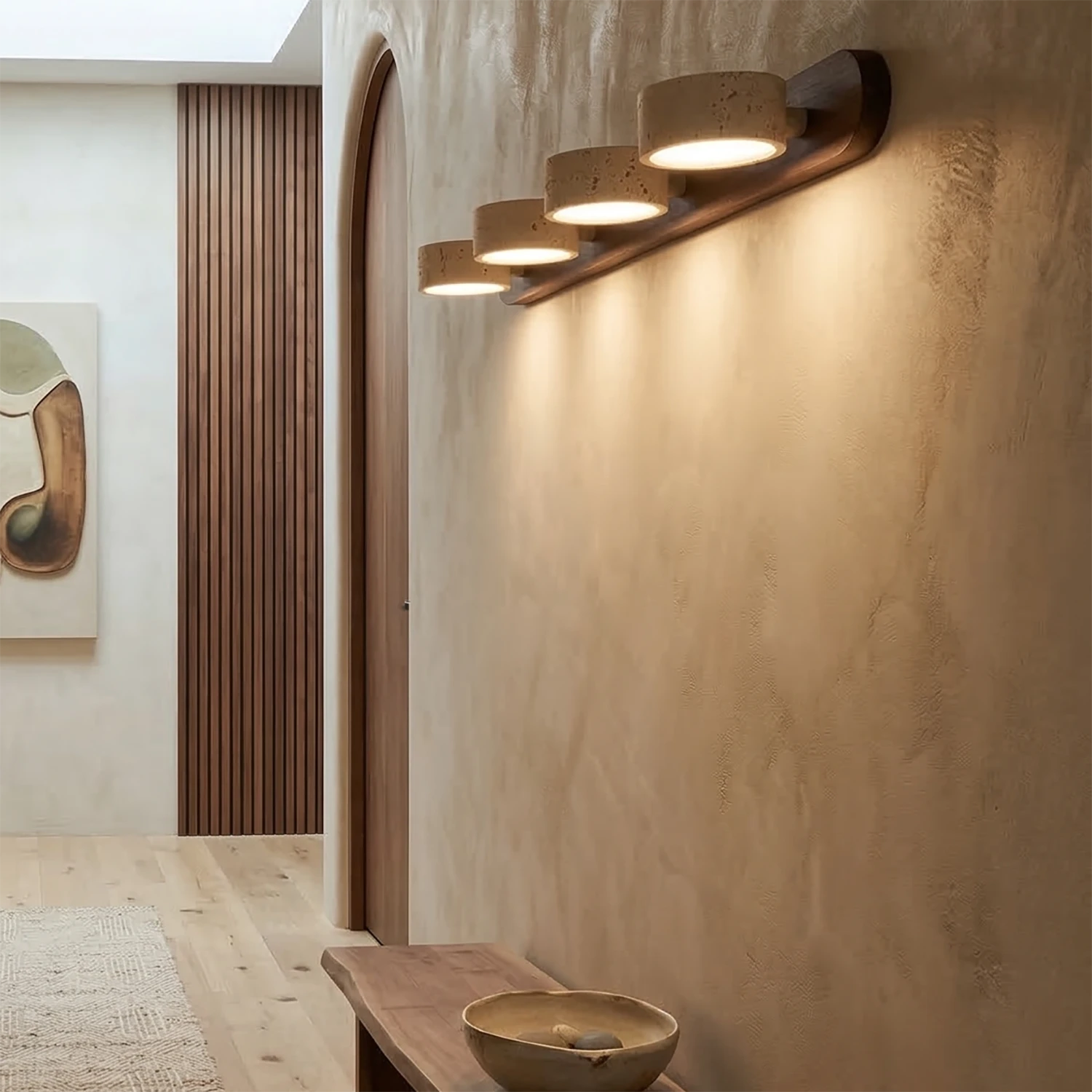 Travertine Duo Wood Wall Light - Dark Walnut 4 Light Minimalist Modern Corridor Beam | HoaiLamp