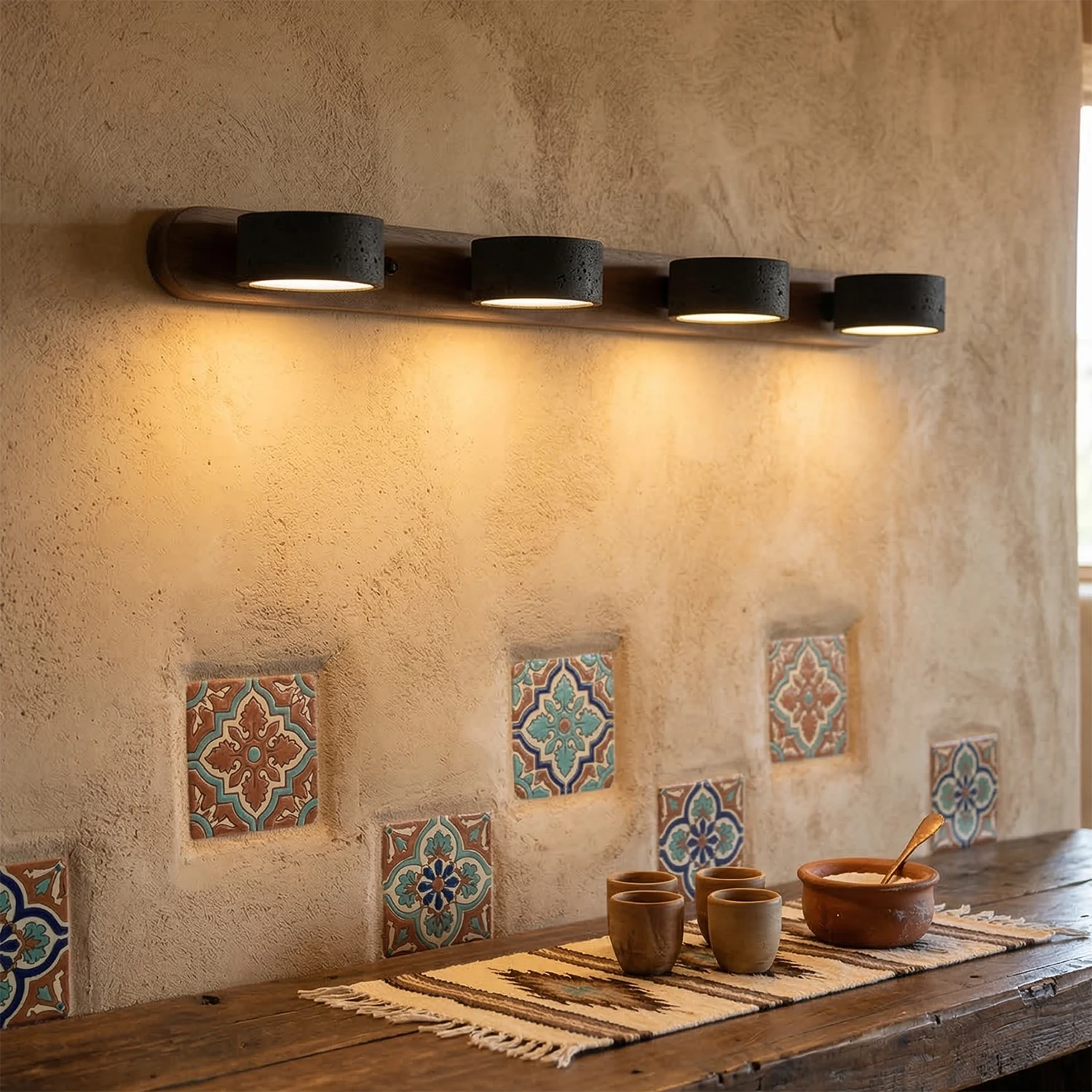 Travertine Duo Wood Wall Light - Dark Walnut Black 5 Light Boho Style Corridor Beam | HoaiLamp