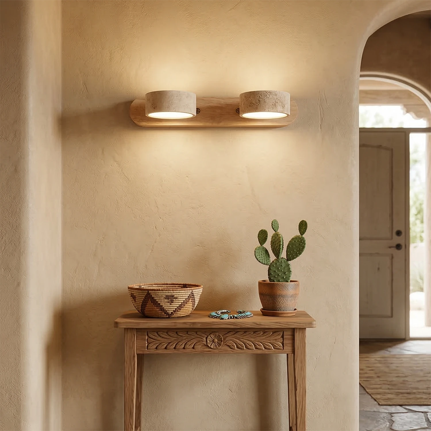 Travertine Duo Wood Wall Light - Light Oak 2 Light Cozy Foyer Console Table Plant | HoaiLamp