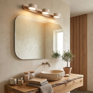 Travertine Duo Wood Wall Light - Light Oak 3 Light Japandi Bathroom Vanity Dressing Mirror | HoaiLamp