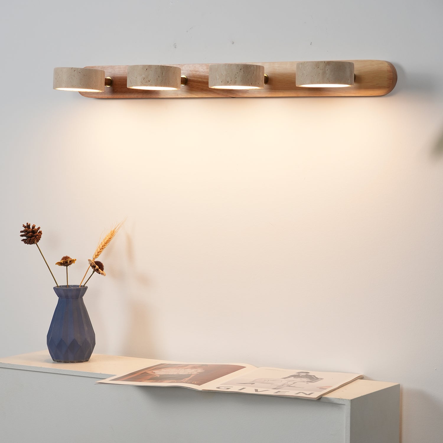 Travertine Duo Wood Wall Light - Light Oak Travertine 4 Light Ambient High Angle Glow | HoaiLamp