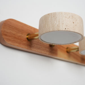 Travertine Duo Wood Wall Light - Bottom-Up Perspective Brass Connecting Stem Close-Up | HoaiLamp