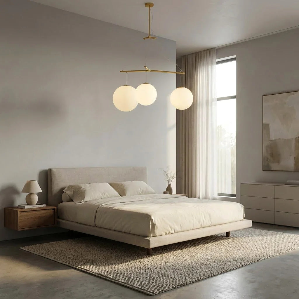 Triple Glass Orb Pendant Lamp-Bar Linear Chandelier - Minimalist Master Bedroom Modern Beige Platform Bed | HoaiLamp