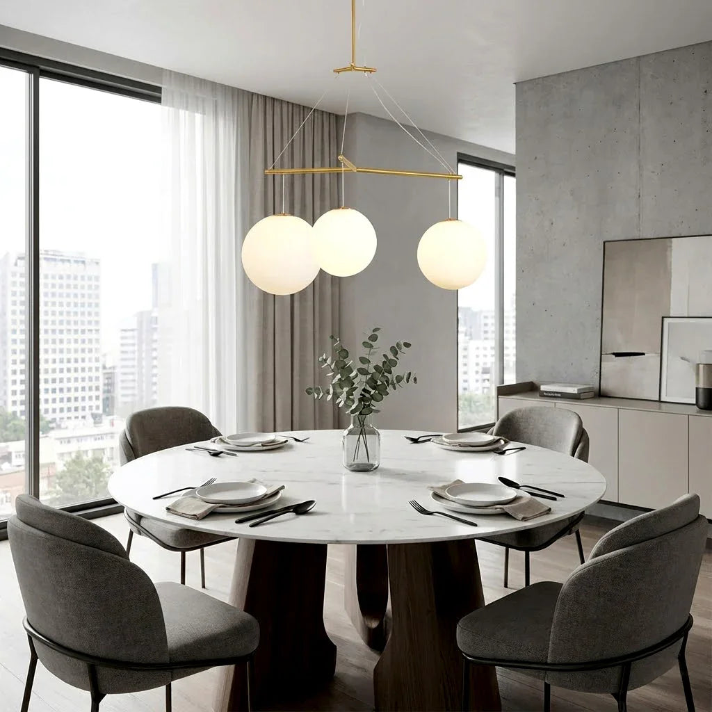 Triple Glass Orb Pendant Lamp-Bar Linear Chandelier - Contemporary Dining Space Round White Marble Table High Rise Window | HoaiLamp
