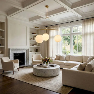 Triple Glass Orb Pendant Lamp-Bar Linear Chandelier - Classic Elegant Living Room White Fireplace Coffered Ceiling | HoaiLamp