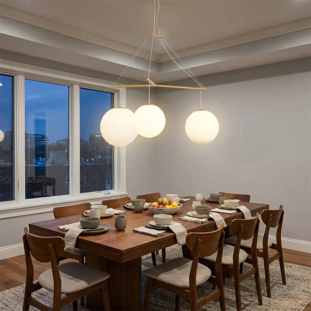 Triple Glass Orb Pendant Lamp-Bar Linear Chandelier - Formal Dining Room Long Wooden Table Evening Skyline Window | HoaiLamp