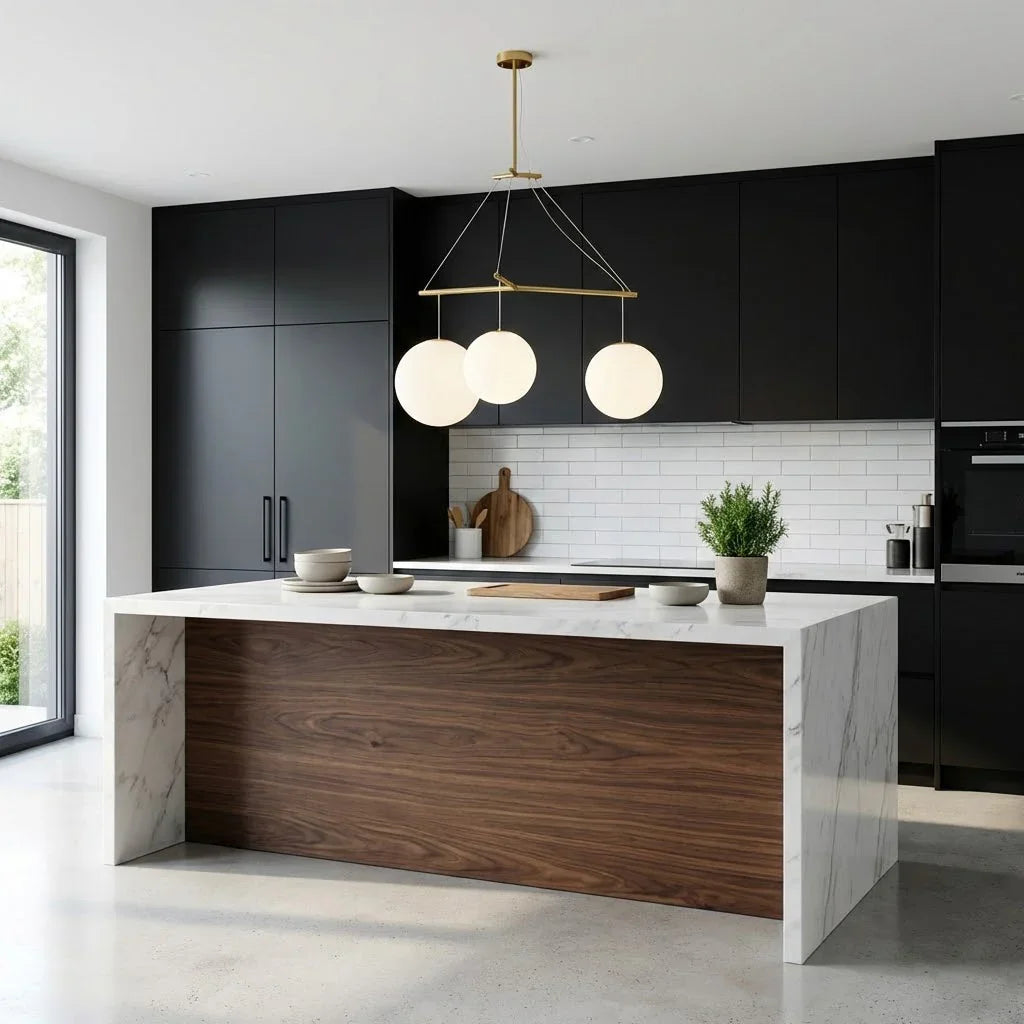 Triple Glass Orb Pendant Lamp-Bar Linear Chandelier - Contemporary Kitchen Walnut Island Waterfall Marble Counter | HoaiLamp