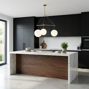 Triple Glass Orb Pendant Lamp-Bar Linear Chandelier - Contemporary Kitchen Walnut Island Waterfall Marble Counter | HoaiLamp
