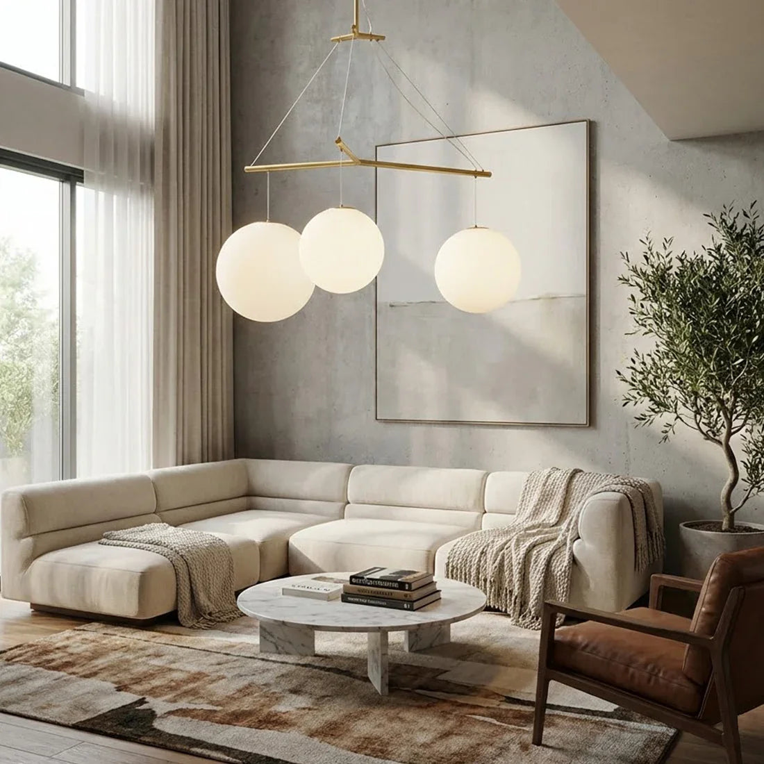 Triple Glass Orb Pendant Lamp-Bar Linear Chandelier - Luxury Living Room Cream Sectional Sofa Abstract Art | HoaiLamp