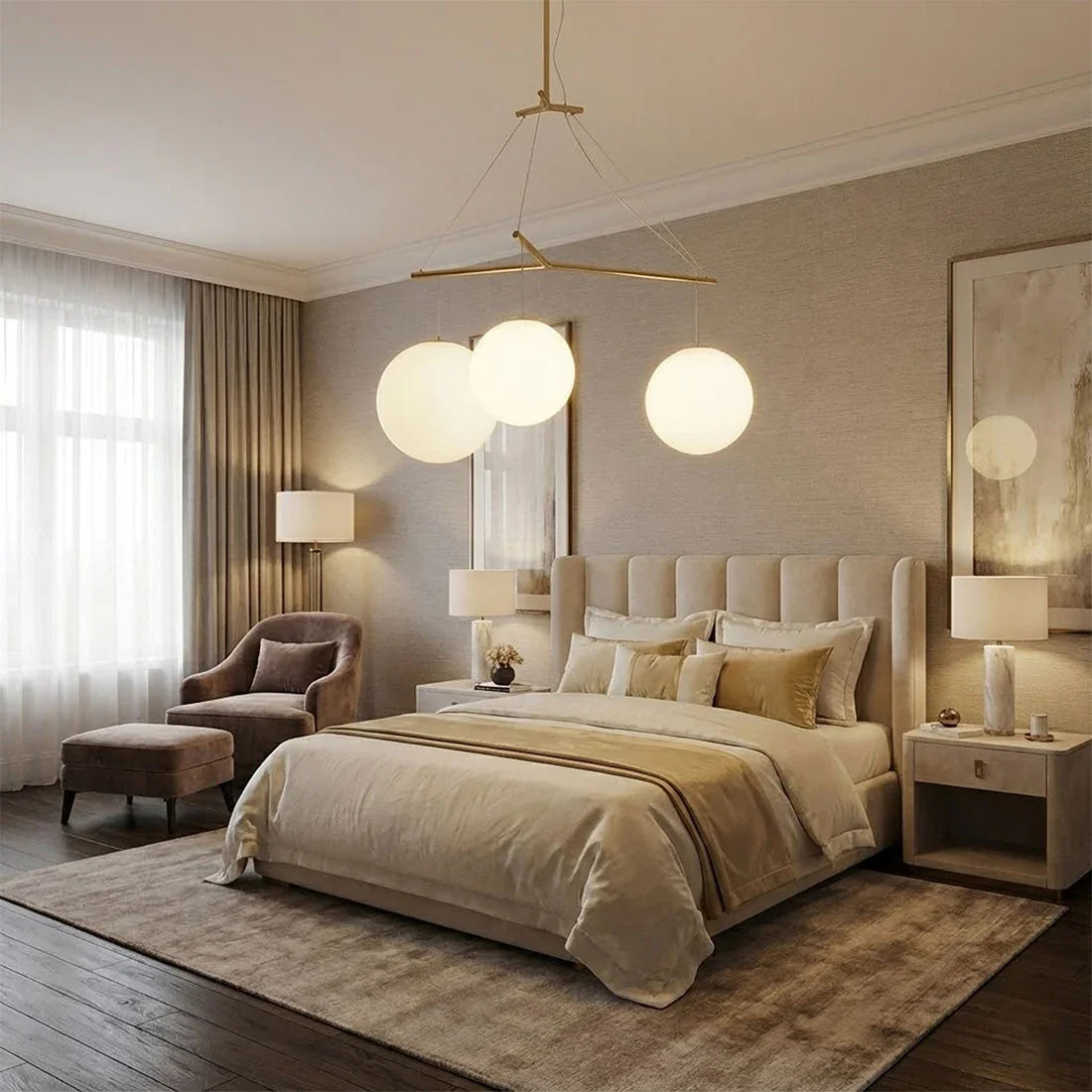 Triple Glass Orb Pendant Lamp-Bar Linear Chandelier - Luxury Master Bedroom Tufted Headboard Warm Neutral Textiles | HoaiLamp