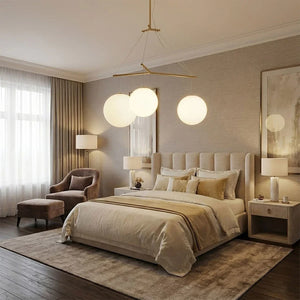Triple Glass Orb Pendant Lamp-Bar Linear Chandelier - Luxury Master Bedroom Tufted Headboard Warm Neutral Textiles | HoaiLamp