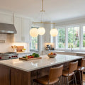 Triple Glass Orb Pendant Lamp-Bar Linear Chandelier - Modern Kitchen Walnut Island Marble Countertop Leather Stools | HoaiLamp