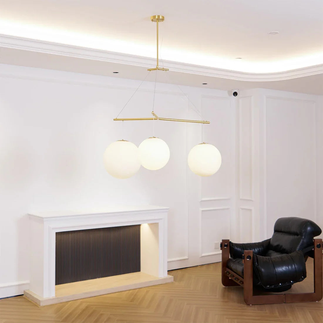 Triple Glass Orb Pendant Lamp-Bar Linear Chandelier - Showroom Studio White Fireplace Mantel Leather Lounge Chair | HoaiLamp