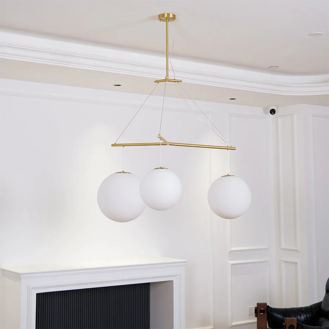 Triple Glass Orb Pendant Lamp-Bar Linear Chandelier - Studio Showroom Display White Decorative Hearth Setup | HoaiLamp