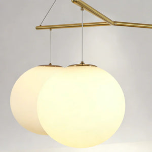 Triple Glass Orb Pendant Lamp-Bar Linear Chandelier - Macro Close Up Opal Glass Spheres Gold Branch Detail | HoaiLamp