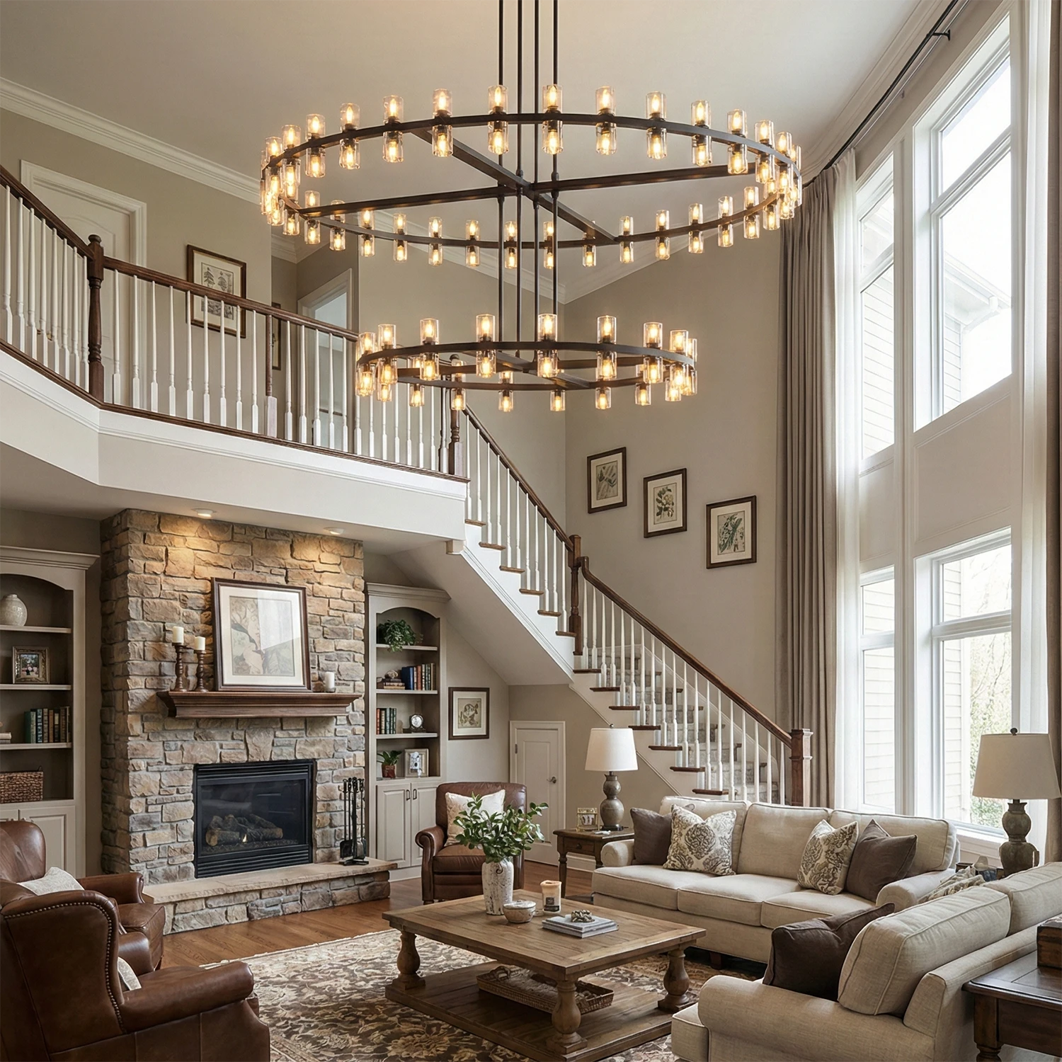 CrystalRay Linear Chandelier Series - Double Height Grand Room Staircase Two Tier | HoaiLamp