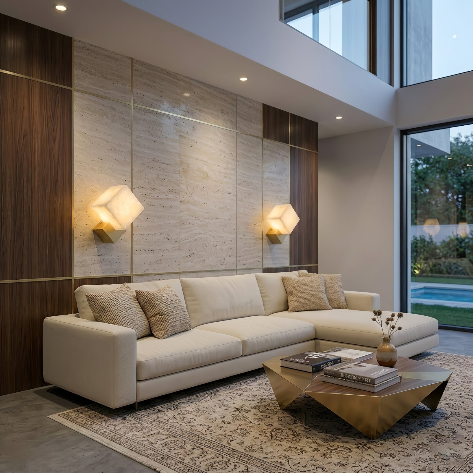 Vein Alabaster Cube Sconce - Contemporary Living Room Sofa | HoaiLamp