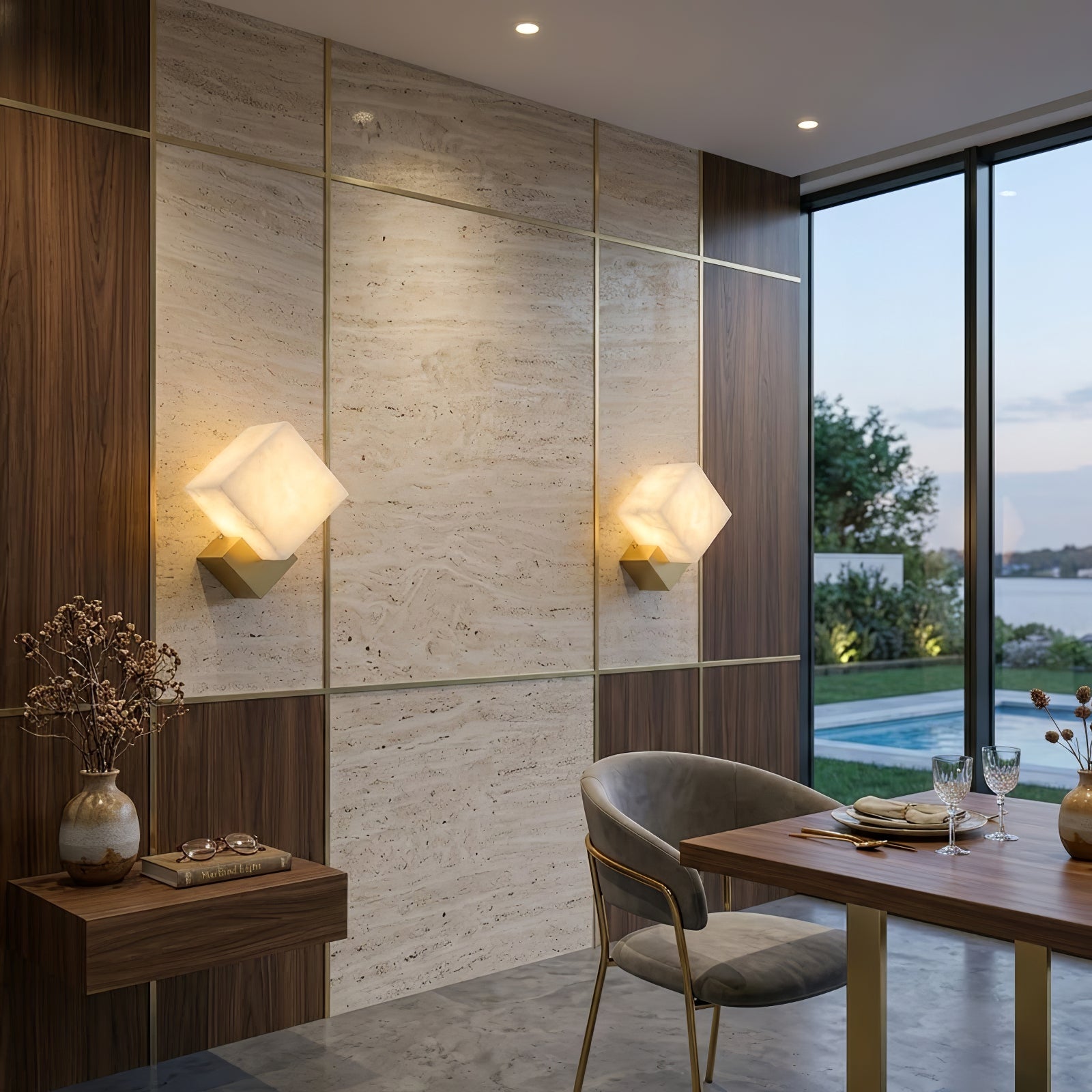 Vein Alabaster Cube Sconce - Elegant Formal Dining Area | HoaiLamp