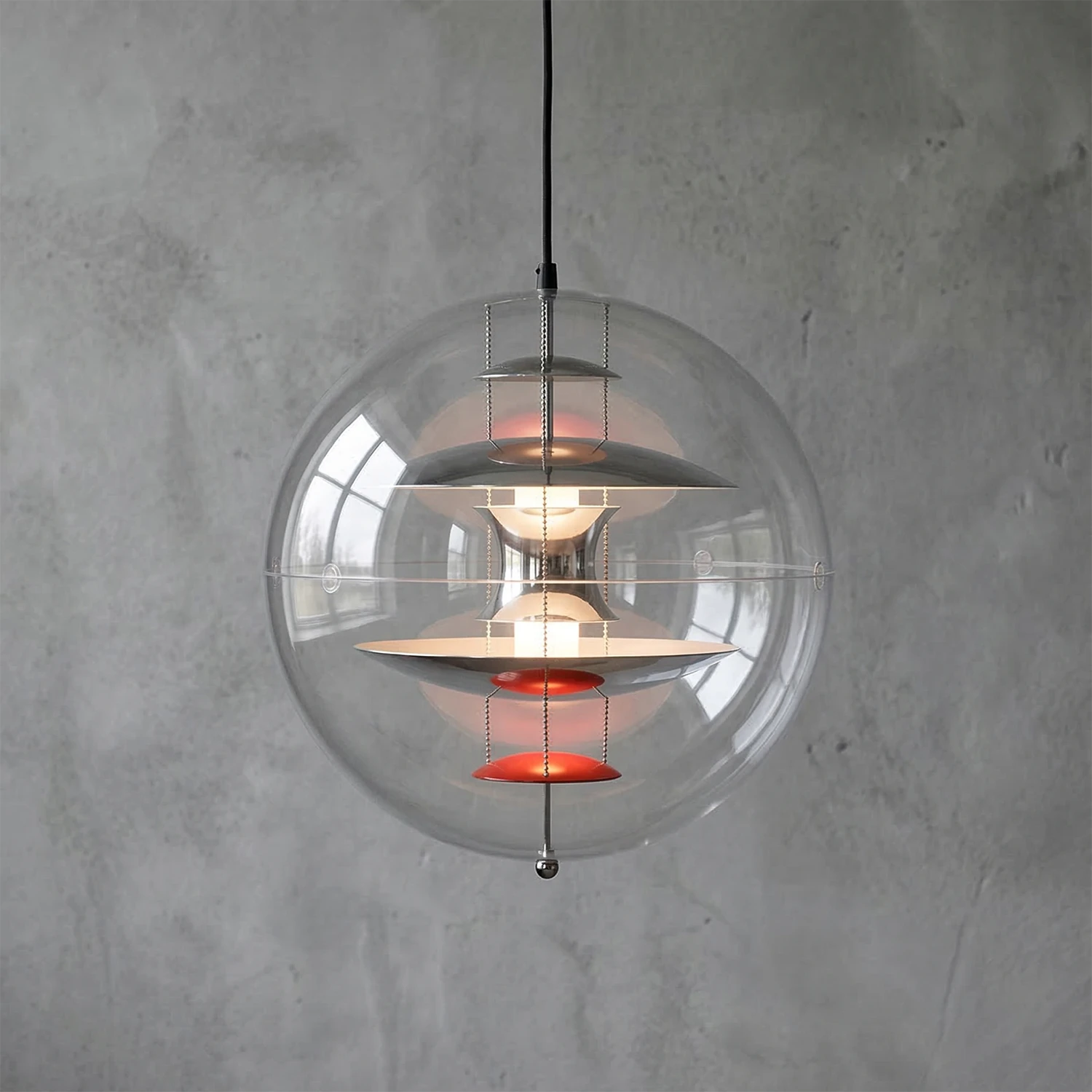 VP Globe Pendant Lamp - Chrome Finish Illuminated Minimalist Concrete Wall | HoaiLamp